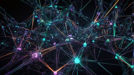 Abstract futuristic digital network structure with colorful glowing nodes and connections in dark space background