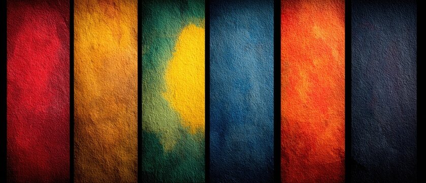 Vivid vertical panels show textured gradients; dark frame