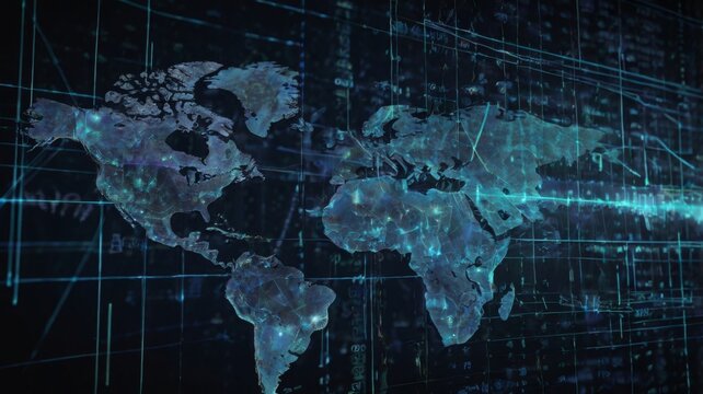Detailed World Map with Digital Data Patterns for Global Connectivity and Technology Visualization in Dark Background