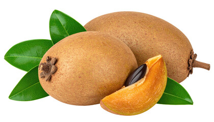 Two whole and a slice of sapodilla fruit, with leaves