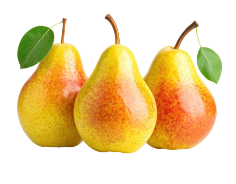 Three ripe pears arranged in a row.  Each pear displays a yellow-gold skin with splashes of reddish-orange,  and a small green leaf attached to the stem.  The pears are glossy and appear fresh