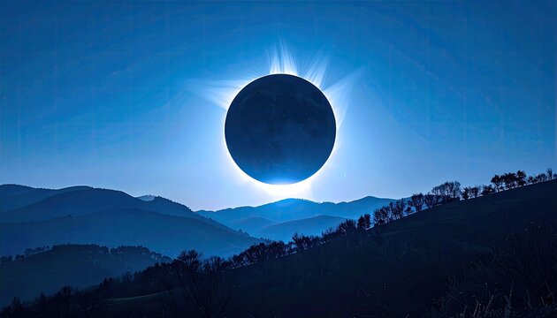 Solar eclipse over hilly landscape