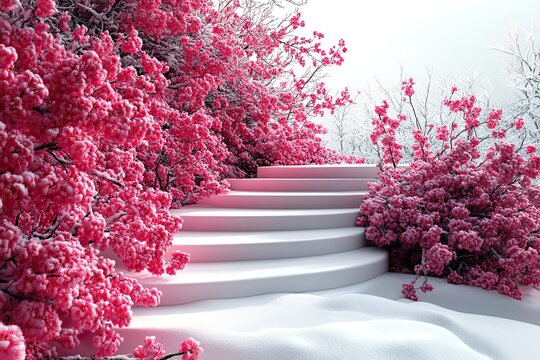 Fantasy winter landscape with snowy stairs and vibrant pink trees.