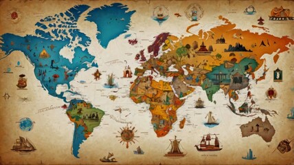 Fototapeta premium Colorful Illustrated World Map Featuring Iconic Landmarks, Natural Wonders, and Historical Symbols Across Continents