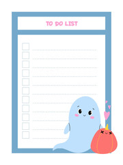 To do list. Printable template  with a cute ghost. Handwriting paper. For diary, planner, checklist, wish list.