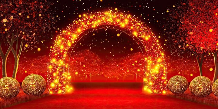 Luxurious red carpet entrance with a sparkling golden arch of light.
