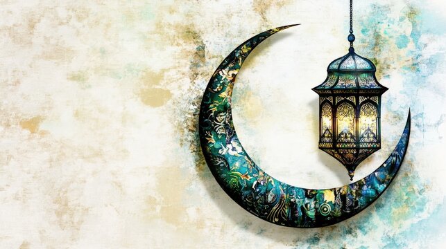 Artistic Crescent Moon and Glowing Lantern for Ramadan Kareem.