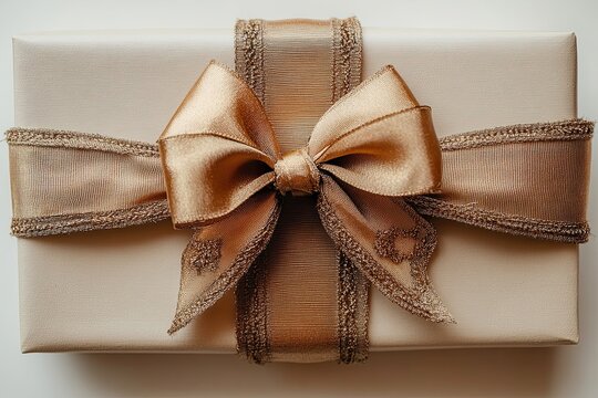 An elegantly wrapped gift box with a large golden satin ribbon and bow viewed from above.