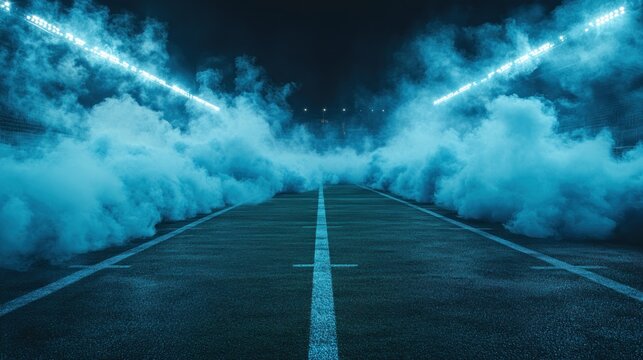 Mysterious empty road at night with blue smoke and neon lights.
