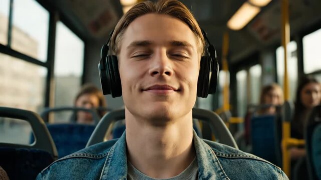 Young man with closed eyes enjoying music through headphones while riding a bus, feeling calm and content during the commute.
