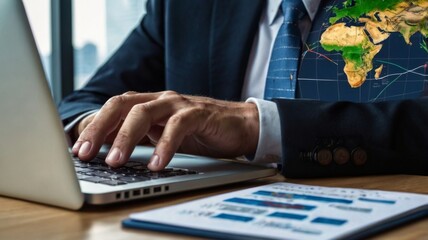 Businessman Using Laptop for Global Research with World Map in Background and Data Analysis Charts on Desk