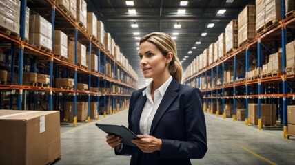 Businesswoman in Warehouse Managing Inventory with Tablet Surrounded by Cardboard Boxes and Industrial Shelving