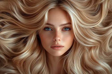 Naklejka premium Beautiful woman with long healthy voluminous wavy blonde hair.