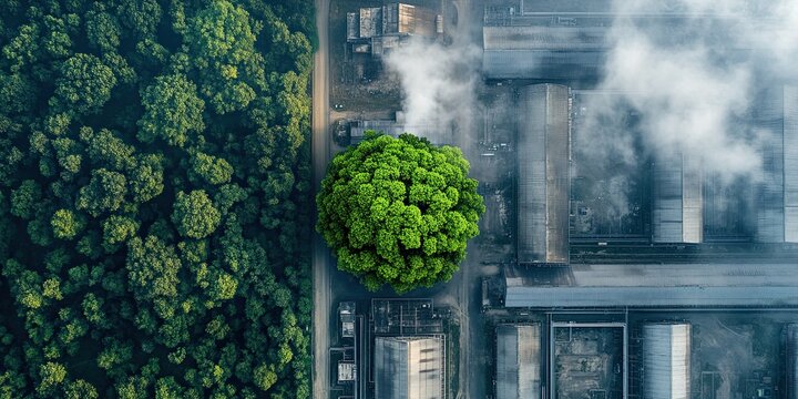 Aerial view contrasting a lush green forest with a polluting industrial factory.