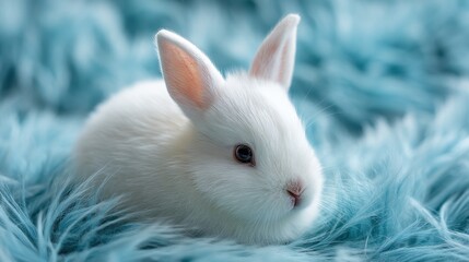 Obraz premium White rabbit on blue fluffy background