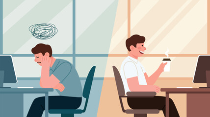 A stressed worker with a relaxed one, highlighting the difference in work experience and emotional state.