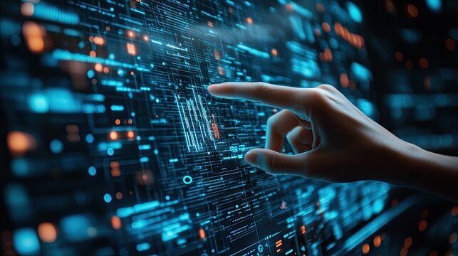 Hand navigating a holographic display for investment banking career opportunities