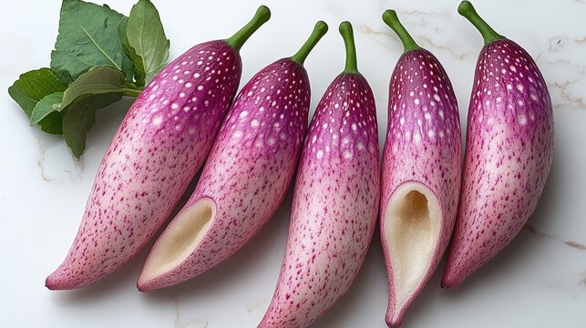 Exotic purple and pink speckled Akebia quinata fruits.