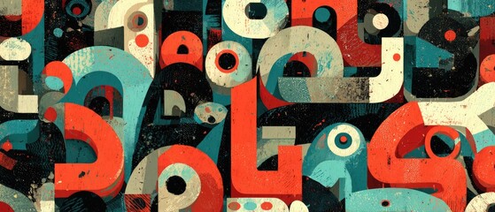 Geometric shapes in red, blue, and white. Abstract art