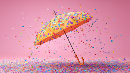 A vibrant orange umbrella covered in colorful confetti against a pink backdrop with more confetti