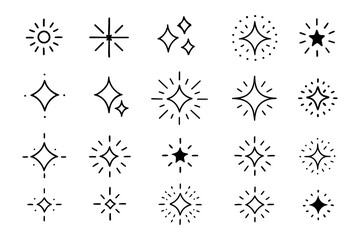 Minimalist Sparkle Star Icons Set Hand Drawn Doodle Shine and Twinkle Vector Elements