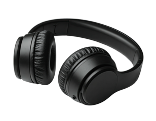 Black over-ear headphones, curved headband,  padded earcups