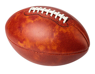 Close-up of a reddish-brown leather American football, showing stitched laces and a textured surface