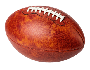 Close-up of a reddish-brown leather American football, showing stitched laces and a textured surface
