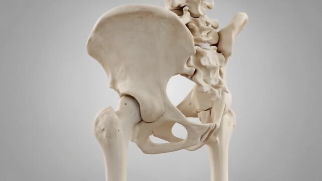 A detailed anatomical model of the human pelvic girdle, hip joint, and lower spine against a neutral background.