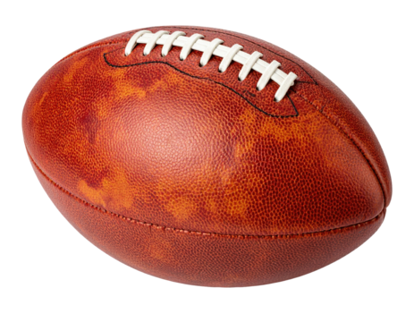 Close-up of a reddish-brown leather American football, showing stitched laces and a textured surface