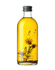 Clear glass bottle filled with golden liquid, showcasing pressed flowers and herbs