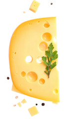 Close-up of a cheese wedge with holes, herbs, and spices