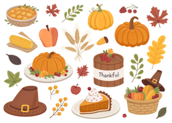 Collection of thanksgiving harvest food and decorations including pumpkins pie corn and pilgrim hat isolated on transparent background