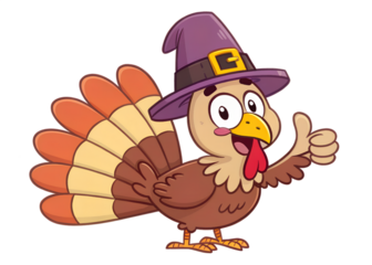 Cute cartoon thanksgiving turkey wearing a pilgrim hat giving a thumbs up gesture isolated on transparent background