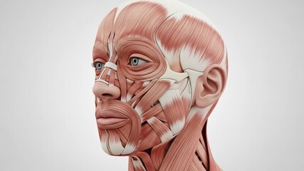 Anatomical illustration of the human head, showcasing muscles and facial structures in detail.