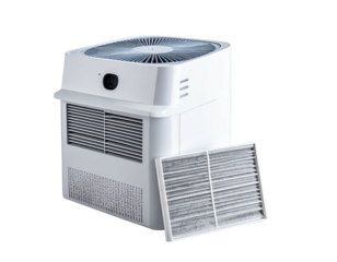 White air purifier with open filter compartment
