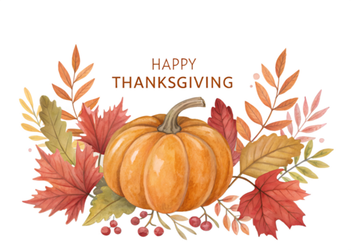 Watercolor illustration of a ripe orange pumpkin surrounded by autumn leaves and berries with happy thanksgiving text isolated on transparent background
