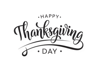 Elegant hand lettered calligraphy text happy thanksgiving day with decorative elements isolated on transparent background