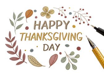 Happy thanksgiving day message with autumn leaves and floral elements written with glitter pen isolated on transparent background