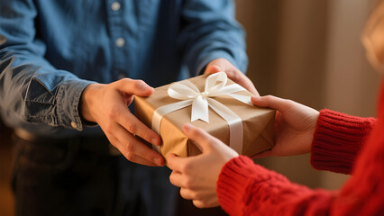 Man giving a wrapped gift box with a red ribbon and bow for a celebration or holiday surprise