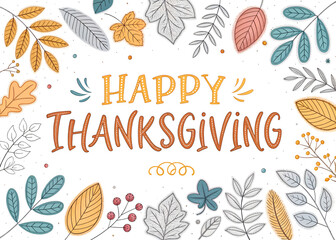 Happy thanksgiving greeting with colorful autumn leaves and floral elements isolated on transparent background