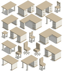 Set of furniture. Tables. Isometric. Isolated on white background. Vector illustration.