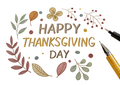 Happy thanksgiving day message with autumn leaves and floral elements written with glitter pen isolated on transparent background
