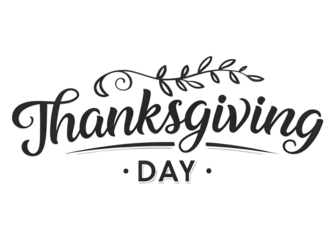 Elegant thanksgiving day handwritten calligraphy text with decorative elements isolated on transparent background