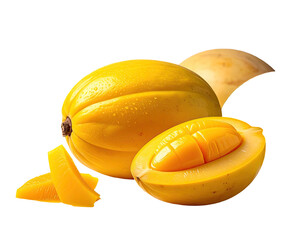 A bright yellow fruit, whole and sliced, with water droplets