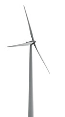 Silhouetted wind turbine, three blades,  angled right