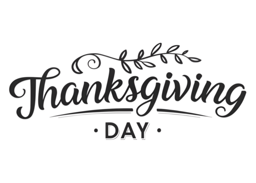 Elegant thanksgiving day handwritten calligraphy text with decorative elements isolated on transparent background