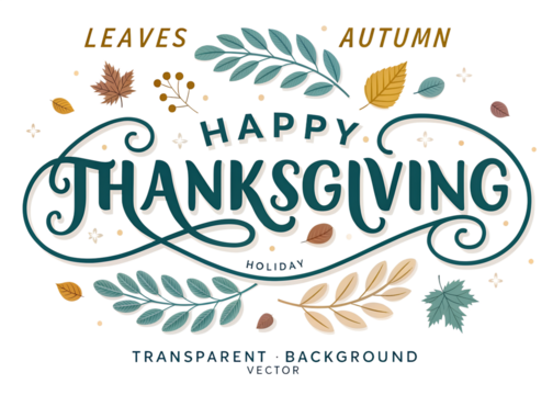 Happy thanksgiving decorative lettering with autumn leaves and swirls isolated on transparent background