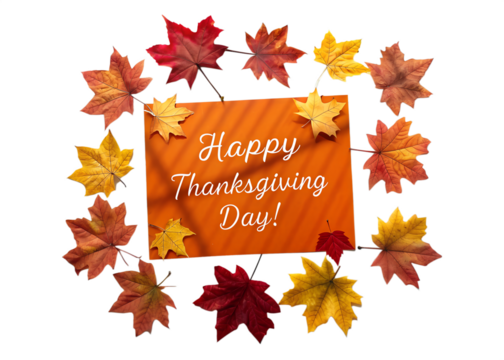 Happy thanksgiving day message surrounded by a wreath of colorful autumn maple leaves isolated on transparent background