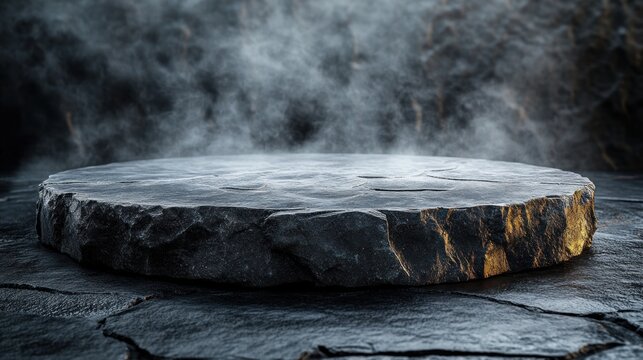 Dramatic Stone Podium with Rising Smoke for Product Display.